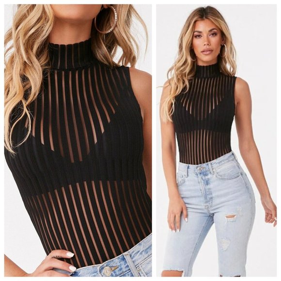 Forever 21 Tops - F21 Black Sheer Mesh Vertical Stripe Mock Neck Bodysuit